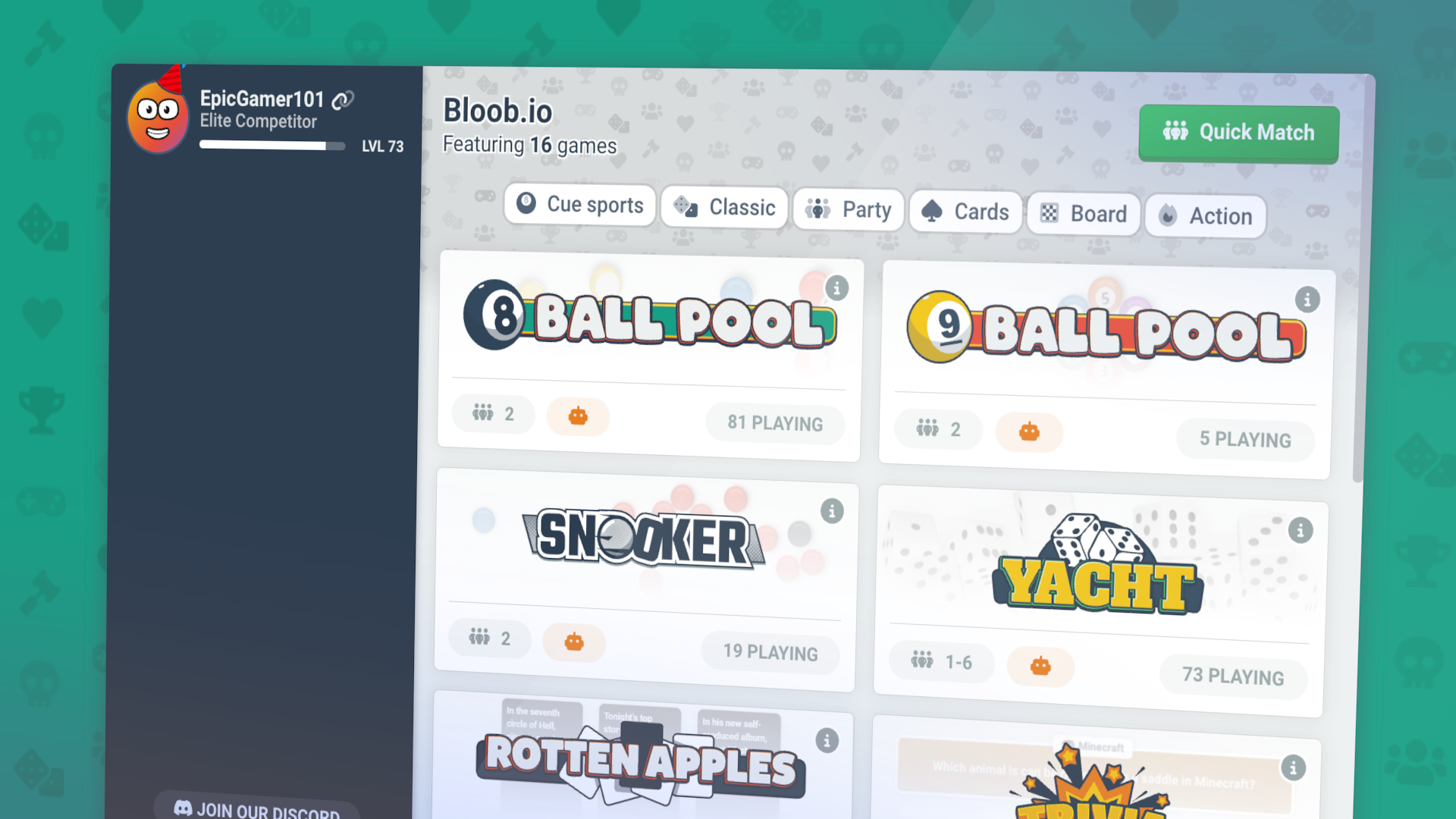 Screenshot of the Bloob.io main menu, showcasing the different games.
